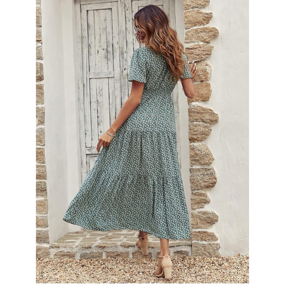 Women's Floral Print Long Dress Summer Short Sleeve Designer Style Boho Dress M - Picture 2 of 12